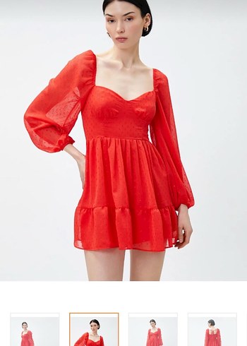 Kırmızı Mini V Yaka Fırfırlı Elbise - Görsel 5