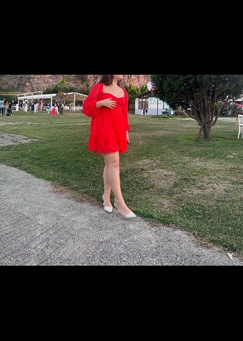 Kırmızı Mini V Yaka Fırfırlı Elbise - Görsel 6