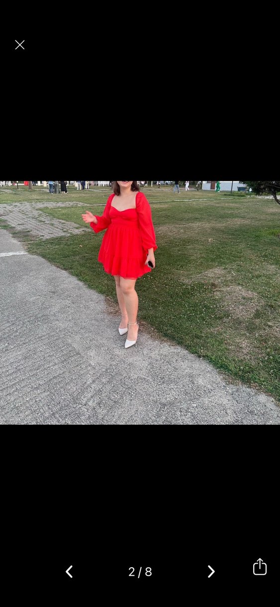 Kırmızı Mini V Yaka Fırfırlı Elbise - Görsel 4