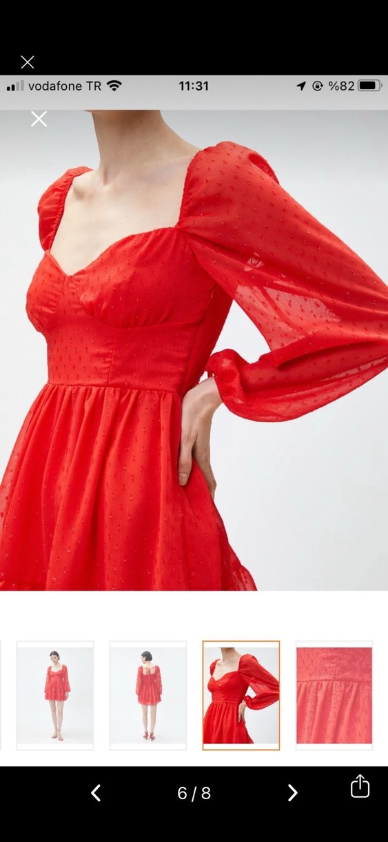 Kırmızı Mini V Yaka Fırfırlı Elbise - Görsel 3