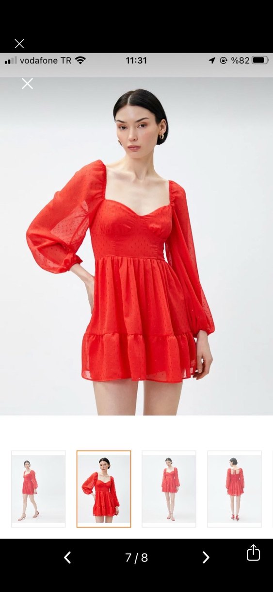 Kırmızı Mini V Yaka Fırfırlı Elbise - Görsel 5