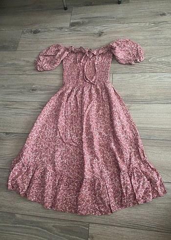 Pembe Bohem Uzun Elbise, Volanlı, Kısa Kollu