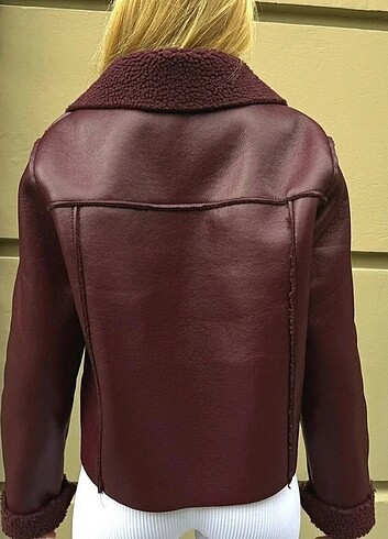 l Beden bordo Renk İÇİ KÜRKLÜ DERİ BİKER CEKET MONT