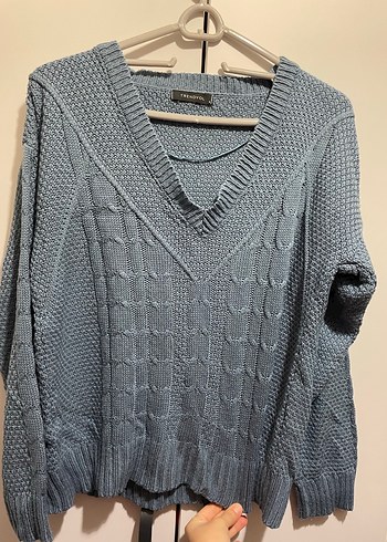 V Yaka Mavi Örgü Kadın Kazak - Görsel 2