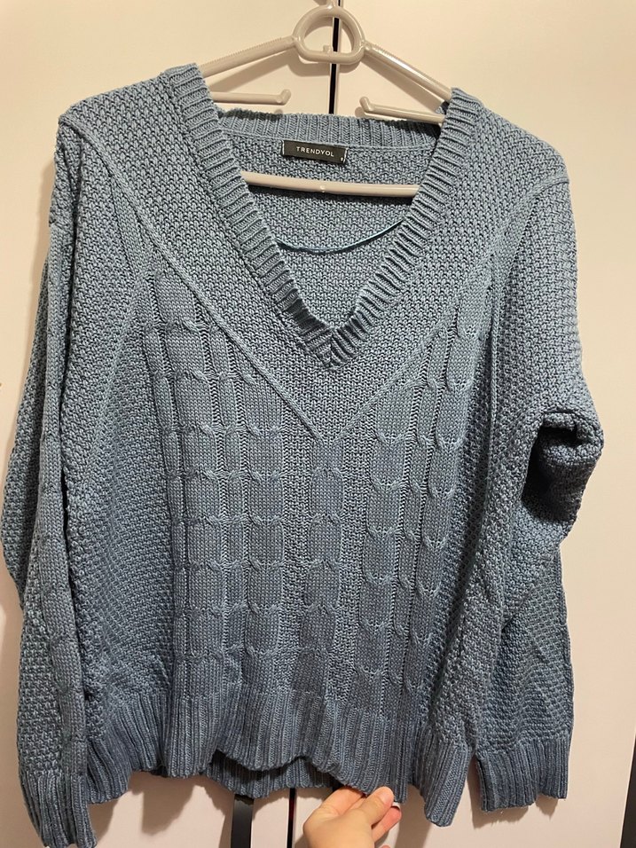 V Yaka Mavi Örgü Kadın Kazak - Görsel 2