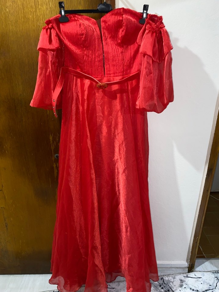 Kırmızı Uzun Drapeli Kadın Abiye - Görsel 3