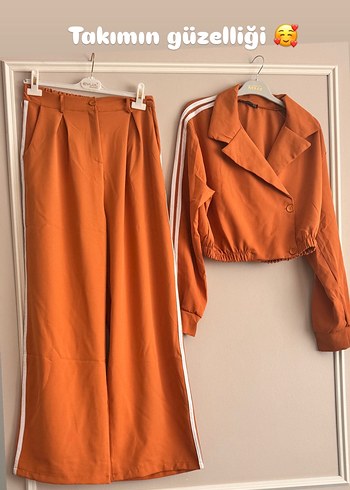 Bej Düğmeli Uzun Kadın Ceket pantolonu mevcut takım - Görsel 2