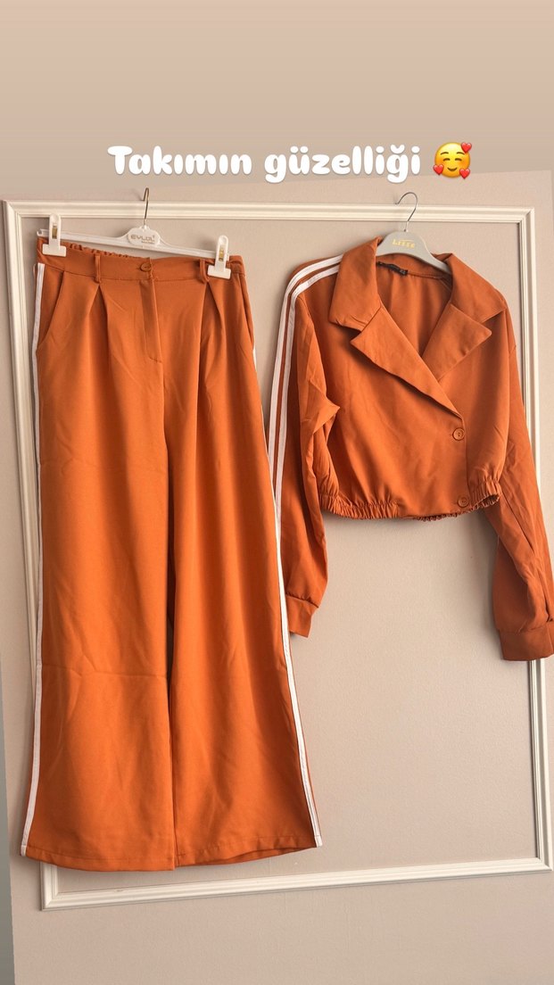 Bej Düğmeli Uzun Kadın Ceket pantolonu mevcut takım - Görsel 2