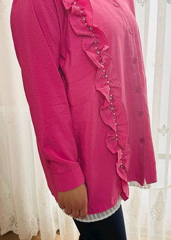 Pembe Fırfırlı Uzun Kollu gömlek - Görsel 2