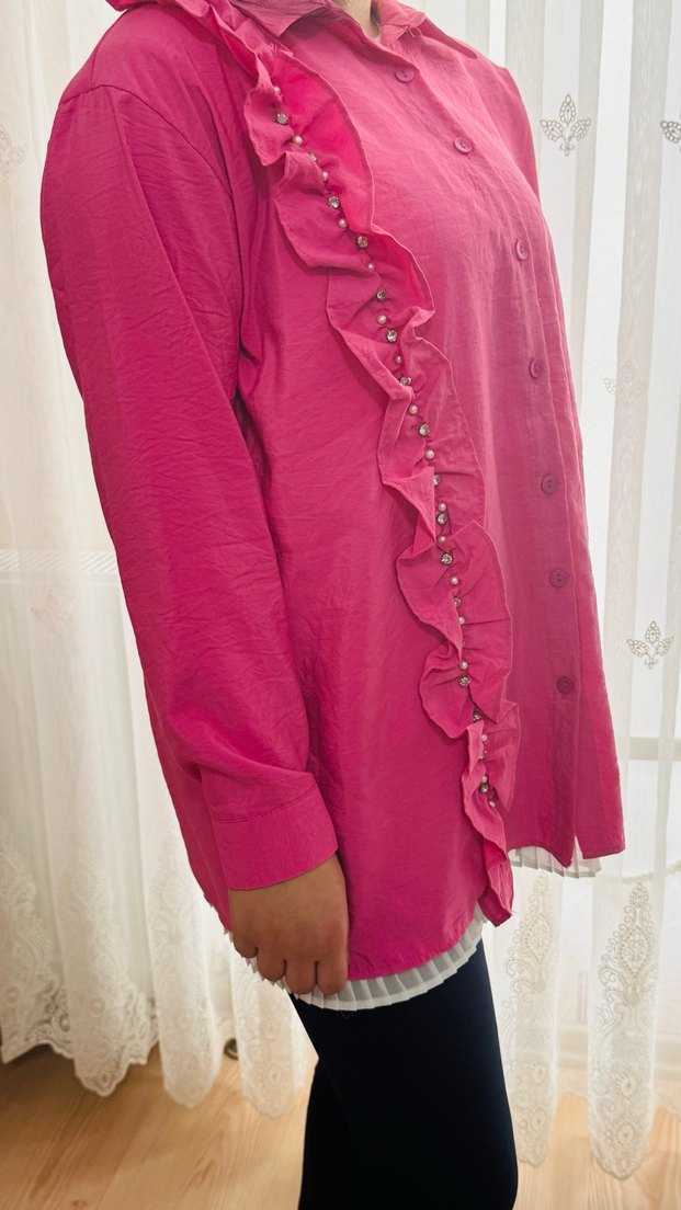 Pembe Fırfırlı Uzun Kollu gömlek - Görsel 2