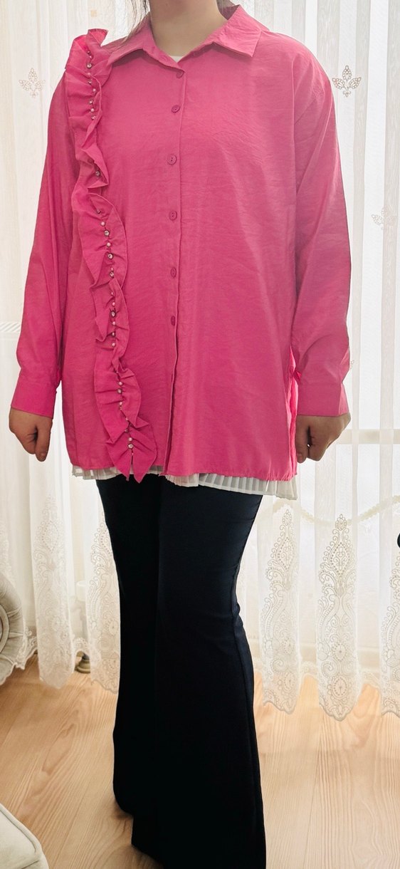 Pembe Fırfırlı Uzun Kollu gömlek - Görsel 3