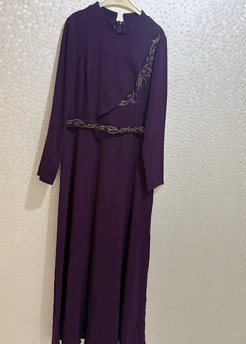 Mor Uzun Kollu Nakışlı Abiye Elbise - Görsel 2
