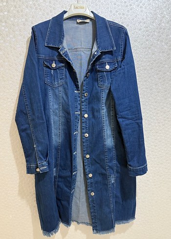 Düğmeli Uzun Mavi Denim Kadın Ceket - Görsel 2