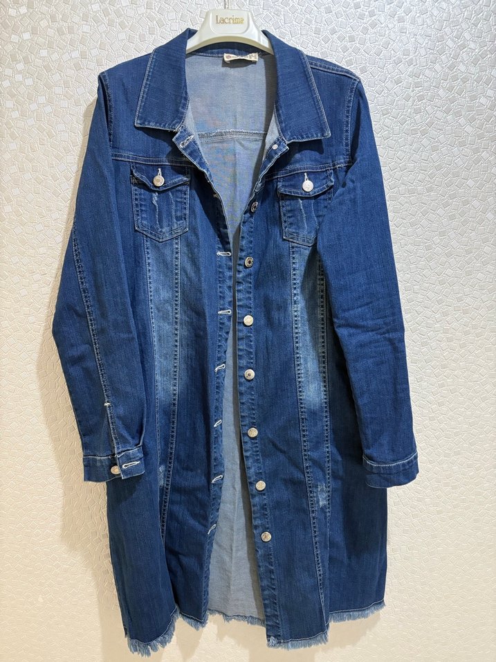 Düğmeli Uzun Mavi Denim Kadın Ceket - Görsel 2