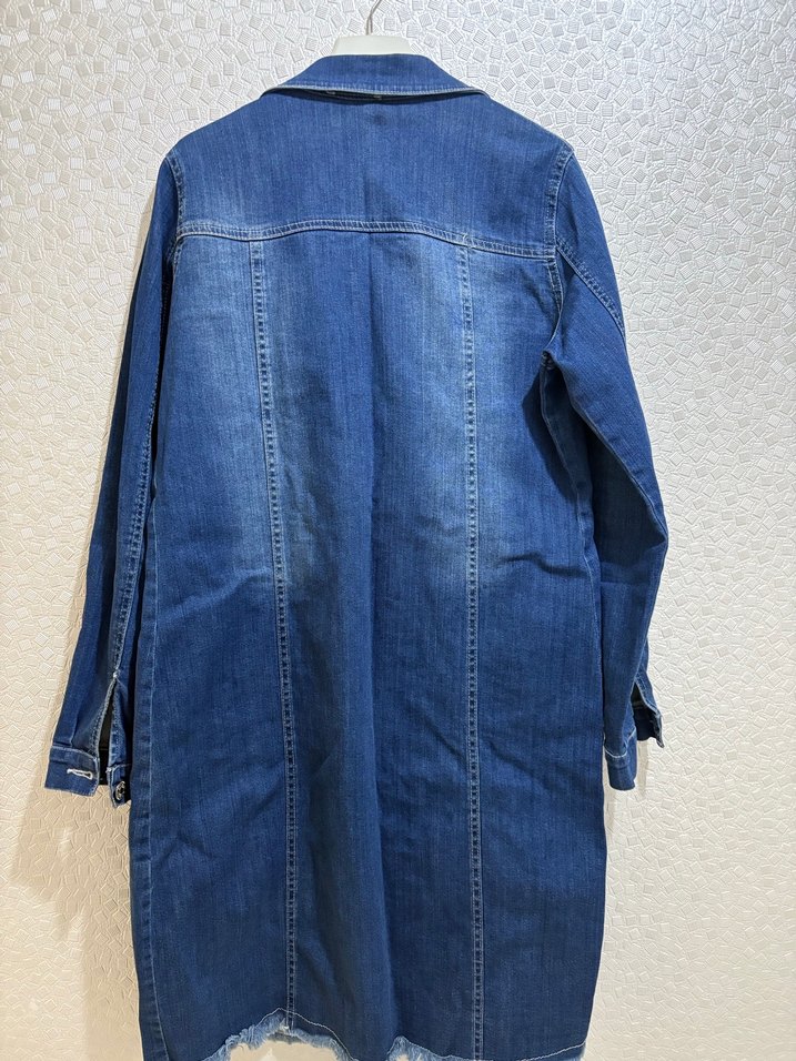 Düğmeli Uzun Mavi Denim Kadın Ceket - Görsel 3