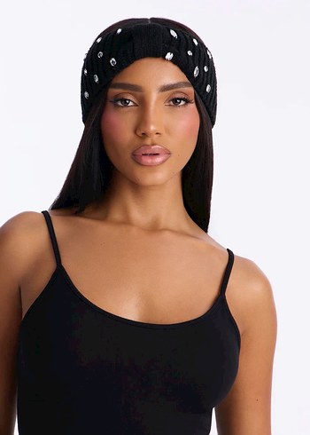 Taş Detaylı Siyah Örgü Saç Bandı - Görsel 3