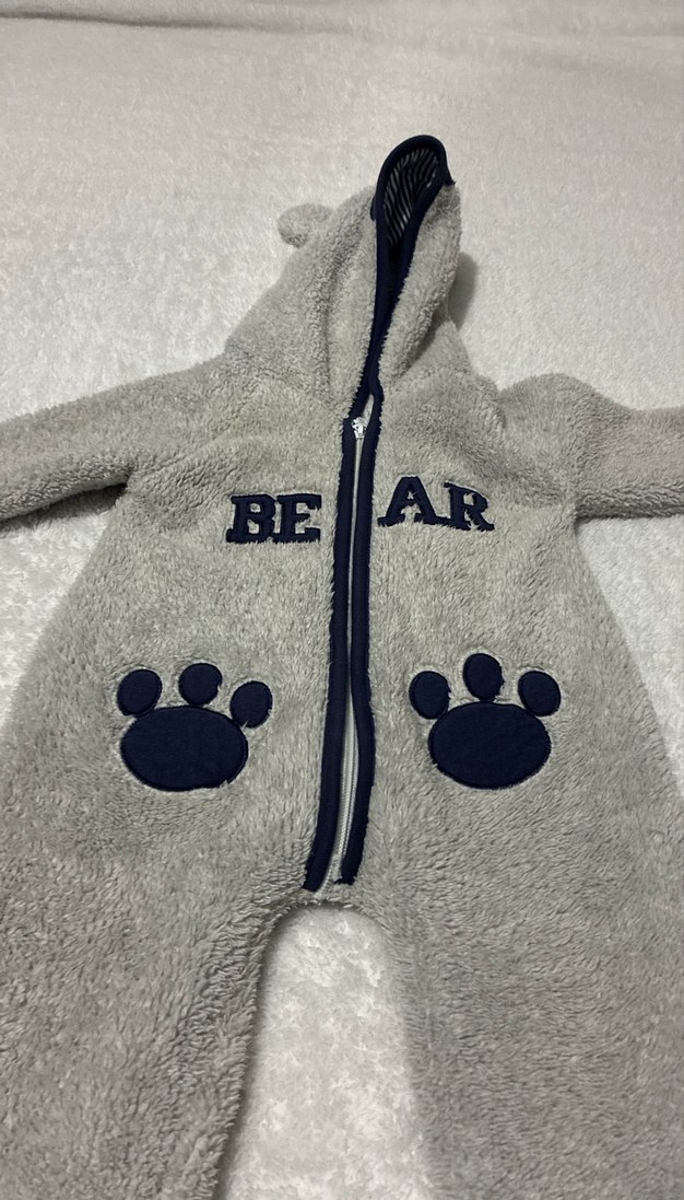 Gri Peluş Bebek Tulumu Kapüşonlu - Görsel 2