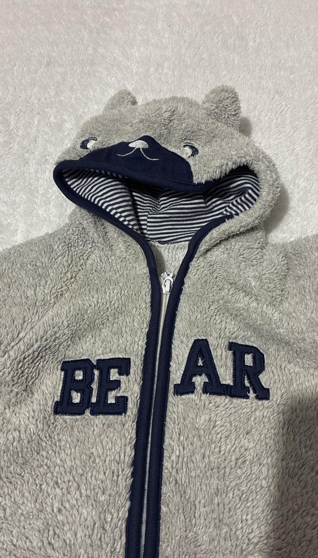 Gri Peluş Bebek Tulumu Kapüşonlu - Görsel 3