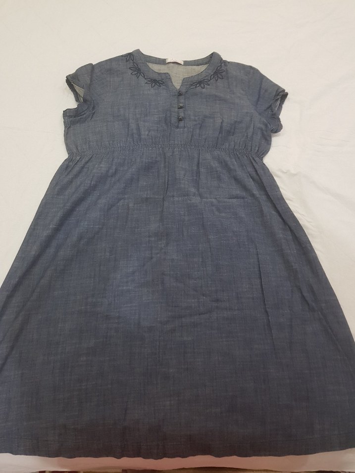 lacivert renk kot gorunlu kumas, Nakışlı Düğmeli Hamile elbisesi - Görsel 4