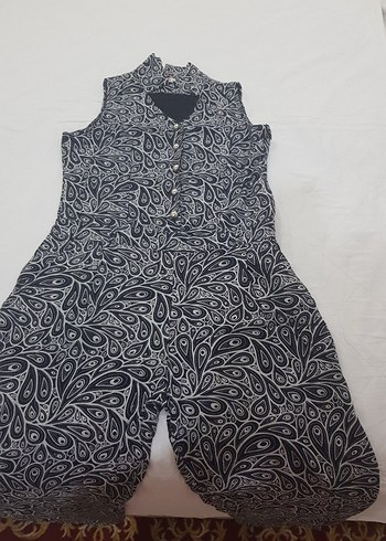 l Beden Siyah Bohem V Yaka Desenli Uzun Kadın tulum
