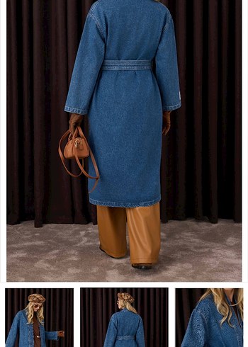 Kemerli Uzun Denim Kadın trenç - Görsel 3