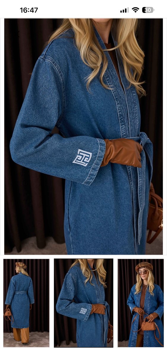 Kemerli Uzun Denim Kadın trenç - Görsel 4