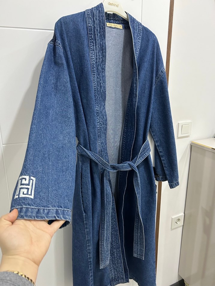 Kemerli Uzun Denim Kadın trenç - Görsel 5