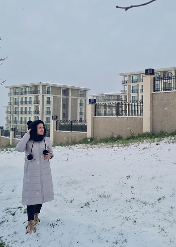 Gri Midi Kadın Kışlık Kürklü Mont - Görsel 11