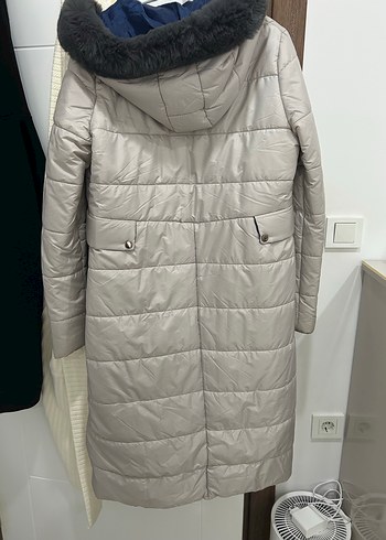 Gri Midi Kadın Kışlık Kürklü Mont - Görsel 5