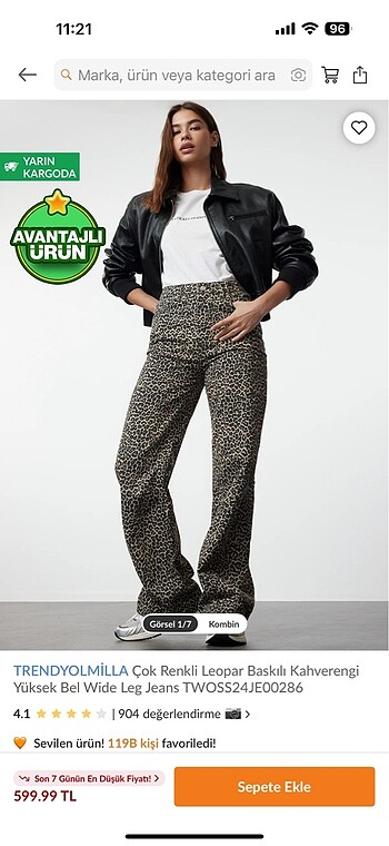 Leopar baskili wide leg jeans