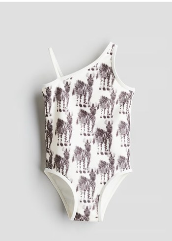 H&M Kız Çocuk Beyaz Zebra Desenli Tek Omuz Mayo 6/8 yaş