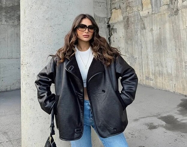 Kadın oversize kürk yaka ceket, mont