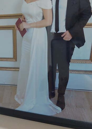 Abiye Beyaz Drapeli Saten Uzun Abiye Elbise