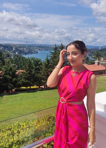 34 Beden Pembe Drapeli Uzun Bohem Straplez Elbise