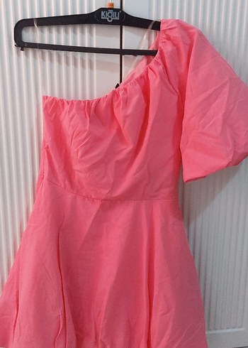 Pembe tek omuzlu balon kol bride elbise