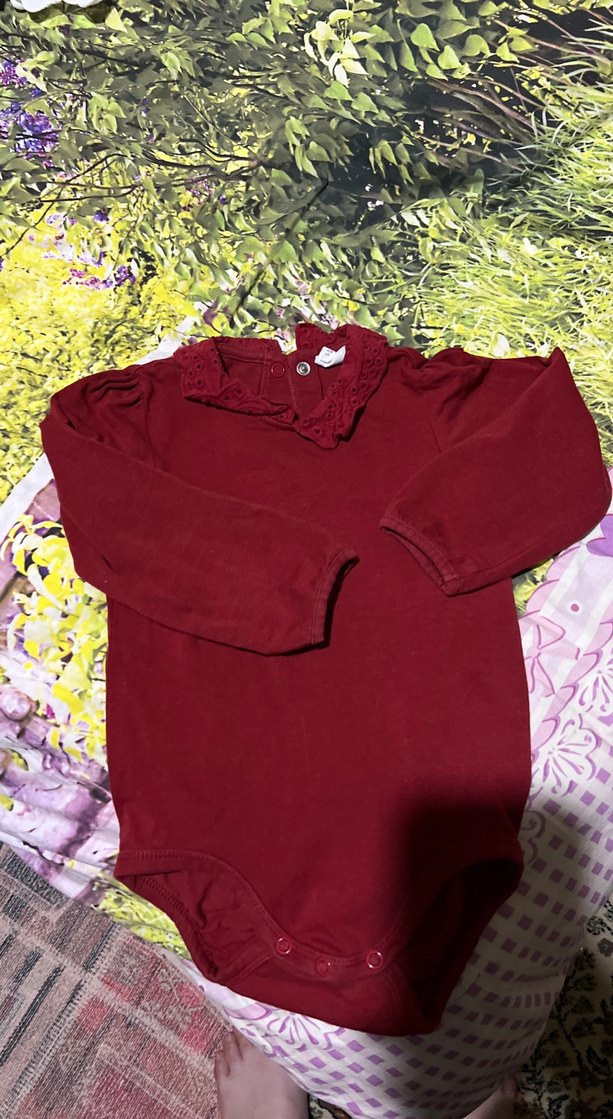 Bordo Uzun Kollu Fırfırlı Bebek Body - Görsel 2