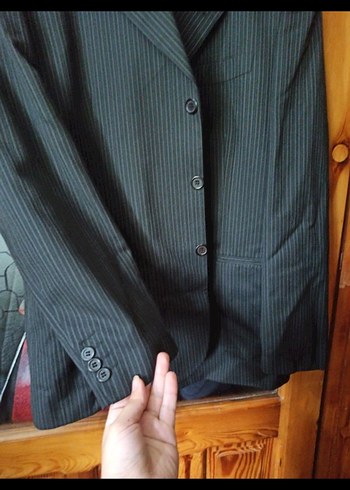 Siyah gri çizgili Düğmeli Erkek Takım Elbise - Görsel 2