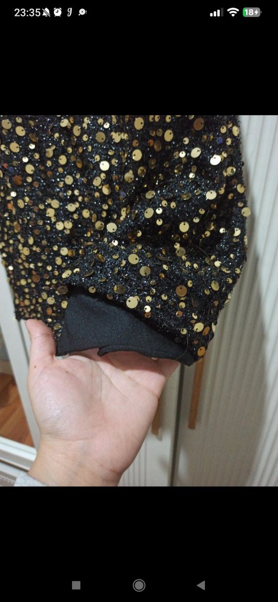 Altın Parıltılı Balon Kollu Midi Abiye - Görsel 3