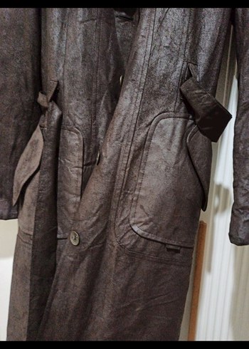 Kahverengi Deri Uzun Kadın Kaban - Görsel 3