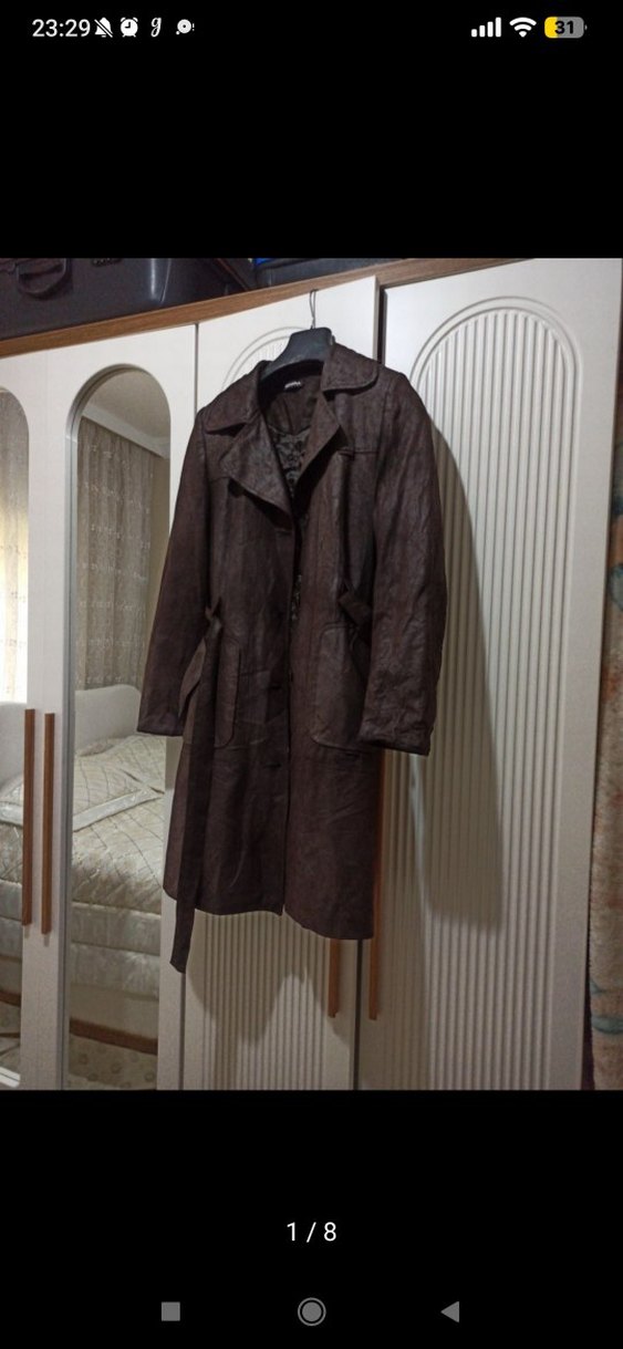 Kahverengi Deri Uzun Kadın Kaban - Görsel 2