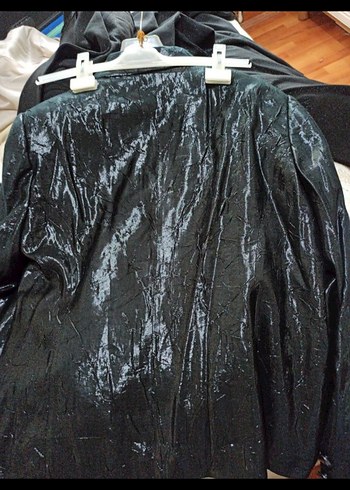 Düğmeli Siyah Deri görünümlü kumaş parlak şık içli dışlı takım. - Görsel 5