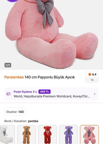 140 cm Pembe Papyonlu Büyük Ayıcık Peluş - Görsel 2