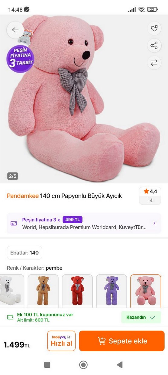 140 cm Pembe Papyonlu Büyük Ayıcık Peluş - Görsel 2