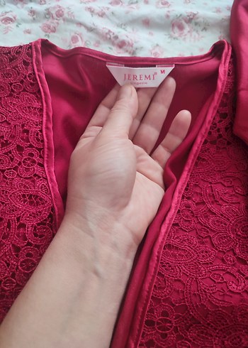 m Beden Bordo Nakışlı Bohem Kadın Mini Gecelik Takımı