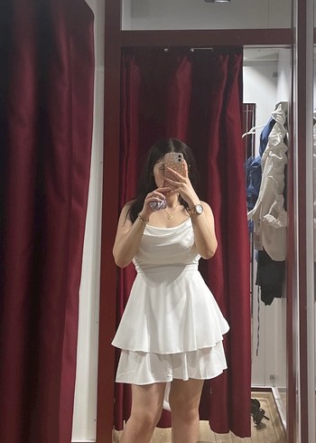 Beyaz Drapeli Midi Mini Elbise - Görsel 2