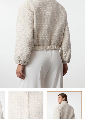 Ekru oversize tüvit bomber ceket - Görsel 3