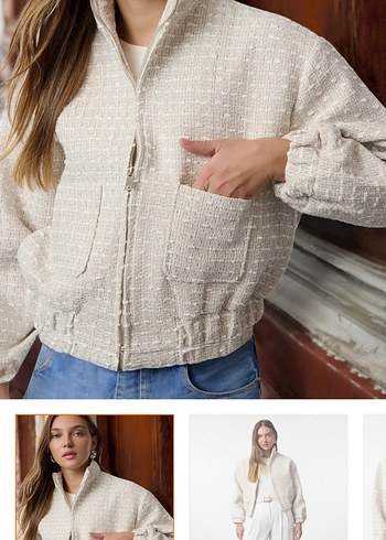 Ekru oversize tüvit bomber ceket - Görsel 2