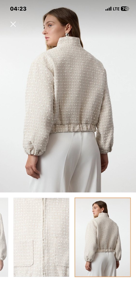 Ekru oversize tüvit bomber ceket - Görsel 3