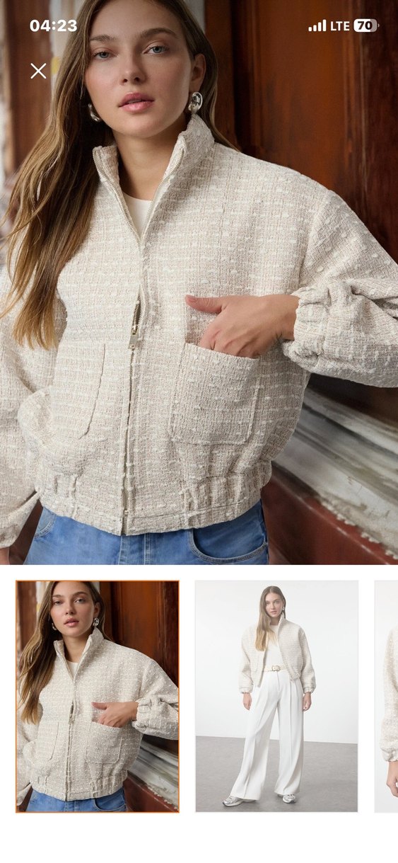 Ekru oversize tüvit bomber ceket - Görsel 2