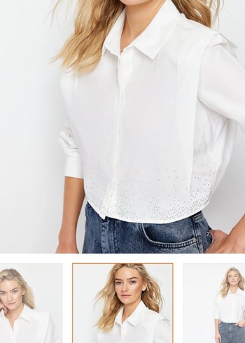 Düğmeli Beyaz Denim V Yaka Kadın Gömlek - Görsel 2